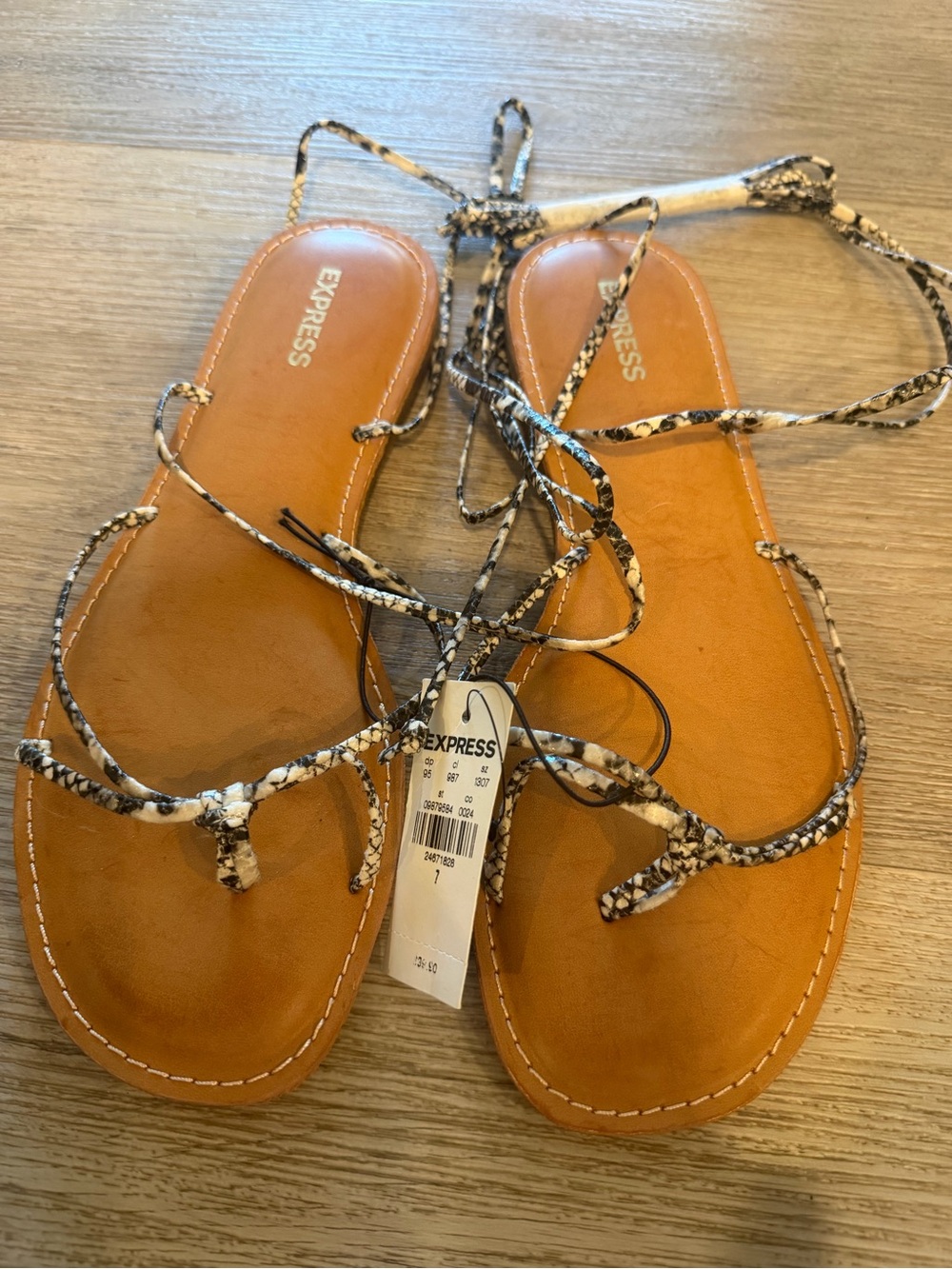Express Tan Footbed Snake-Print Lace-Up Sandals